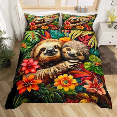 Schattige Luiaard Dekbedovertrek Waterverf Bloemen Beddengoed Set Lief Jungle Dier Dekbedovertrek Twin King Kawaii Luiaard Bedsprei Overtrek US Full(200*230cm)3pcs