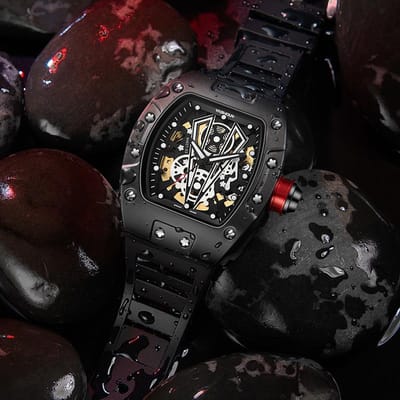 Montre mécanique pour homme, grand cadran, creuse, tendance, étanche, décontractée black