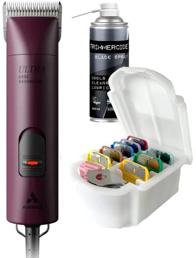 Andis® Ultra Edge AGC - Hondentondeuse Set - met Scheerkop Opzetkammen & Clipper Spray Olie - 2 Snelheden Trimmer - Hondentrimmer voor Krul & Dikke Vacht - Professioneel Honden Scheerapparaat - Tondeuse Trimset Hond - Rood