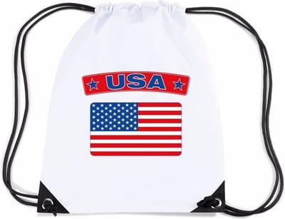 Amerika / USA thema sporttas - nylon rijgkoord rugzak - wit met vlag print - supporters - 11 liter - 45 x 34 cm