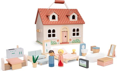 Woet® Houten Draagbaar Poppenhuis - Compleet met 18 Meubels en 2 Poppetjes - Pastelkleurig Roze Speelhuis voor Kinderen - FSC - Rollenspel Speelgoed - Vanaf 3 Jaar