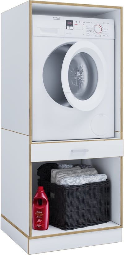 VCM Waschmaschinenschrank mit Unterschrank, Waschmaschinenumbau mit Stauraum hinter zwei Drehtüren und einer Schublade, Maße: Überbauschrank H. 162 x B. 67 x T. 68 cm, Rislo OP XL