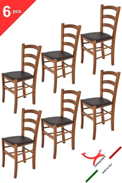 Tommychairs Venice - Eetkamerstoelen - Set van 6 - Licht Walnoot & Moka - Kunstleer & Hout