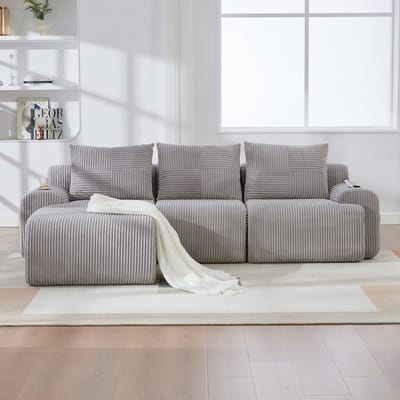 MODFU Modulaire 3-Zitsbank Met Bekerhouder En Opbergvak - Modern - Voor Woonkamer - Cordstof - Lichtgrijs - 268 x 174 x 80 cm