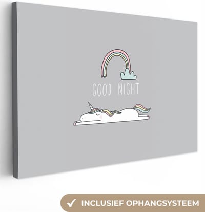 Canvas schilderij unicorn - Quotes - Good night - Eenhoorn - Tekst - Regenboog - Spreuken - Wanddecoratie meisjes - Kinderkamer decoratie - 30x20 cm