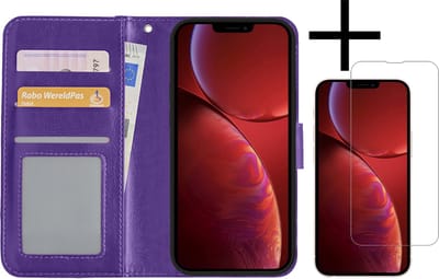 Hoesje - Met Screenprotector - Geschikt voor Apple iPhone 14 Pro Max - Luxe Pasjeshouder - Bookcase Portemonee - Flip Case - Kunstleer Book Case - Flipcase - Book Cover - Walletcase - Portemonneehoes - Paars