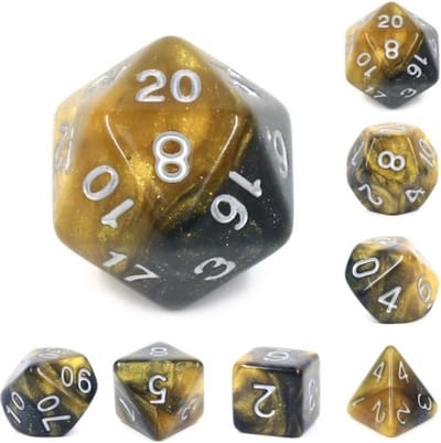 Polyset Dice | Dobbelstenen - Set Van 7 Stuks - Goud Zwart Glitters en Wit | Polydice | Voor D&D en Andere Rollenspellen | Plastic Dobbelstenen Set voor Dungeons and Dragons | Polyhedral Dice Set | Mooie Zwarte Velvet Dice Bag voor Ongeveer 3 Sets