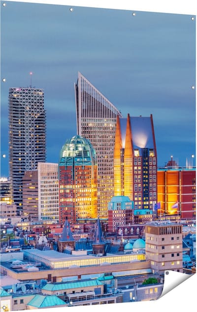 Gards Tuinposter Den Haag Skyline met Wolkenkrabbers - 120x160 cm - Tuindoek - Tuindecoratie - Wanddecoratie buiten - Tuinschilderij