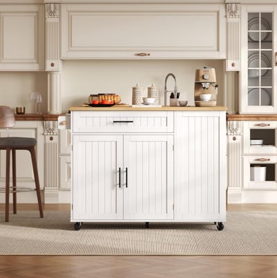OKWISH Keukeneiland Op Wielen - Met Klapbaar Werkblad En Afvalkast - Voor Keuken En Eethoek - MDF Wit - 130 x 70 x 93 cm
