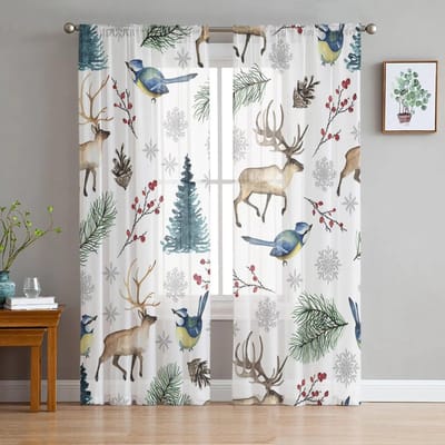 Kerstboom Eland Dennenbes Vogel Woonkamer Slaapkamer Transparante Dunne Gordijnen Vakantiedecoratie Raam Voile Tule Gordijn 135W x 114H(cm) white