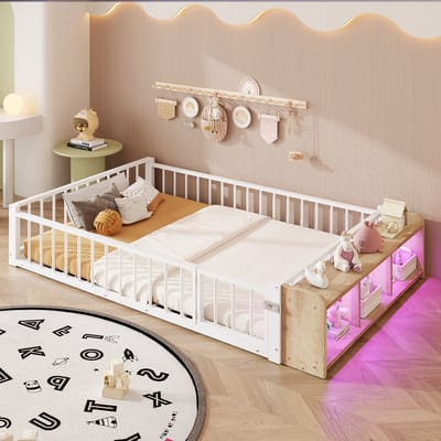 Kajuitbed 140 x 200 cm - kinderbed - met bedhekje - met opbergruimte en LED-verlichting - wit - zonder matras