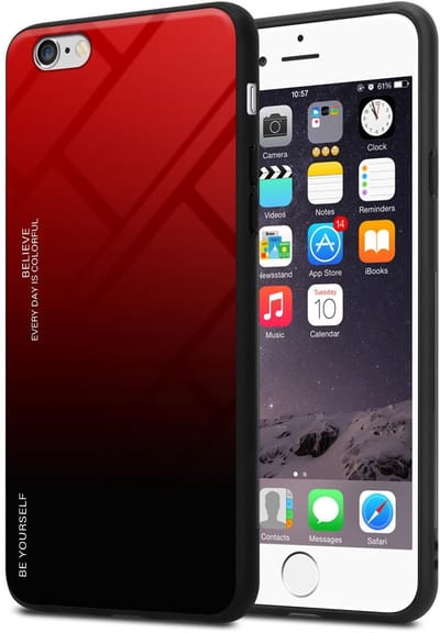 Cadorabo Hoesje geschikt voor Apple iPhone 6 / 6S in ROOD - ZWART - Tweekleurige beschermhoes van TPU-silicone Case Cover en achterzijde van gehard glas