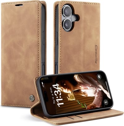 CaseMe – Telefoonhoesje geschikt voor Apple iPhone 16 – Wallet Book Case – Magnetische Sluiting – PU Leer – Cognac Bruin