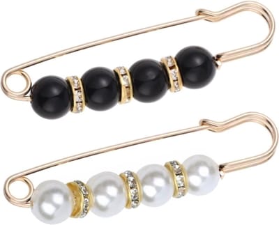 Fako Bijoux® - Sierspeld - Sjaalspeld - Vestsluiting - Vestspeld - Witte en Zwarte Parels - 75mm - Goudkleurig - Set 2 Stuks