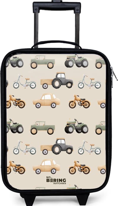 NoBoringSuitcases.com® - Kinderkoffer jongen - Kindertrolley meisje - Retro voertuigen patroon - Koffer kind lichtgewicht - Reiskoffer trolley voor kinderen - Koffertje met lichtgevende wieltjes - Rolkoffer zwart