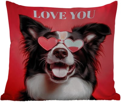 Buitenkussen - Hond - Hartjesbril - Loveyou - Rood - 45x45 cm - Weerbestendig