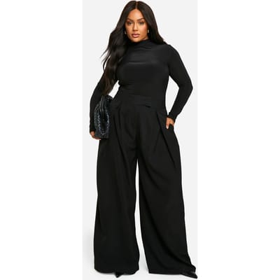 boohoo Dames Plus Relaxed Plisse Broek met Wijde Pijpen | Zwart | Maat: 44