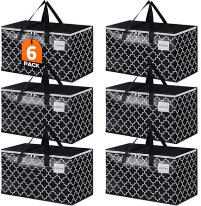 Heavy Duty Verhuiszakken 88L - Opbergtassen met Ritsen en Draaggrepen - Inklapbare Verhuisdozen voor Opslag en Kamperen - 6 Pack