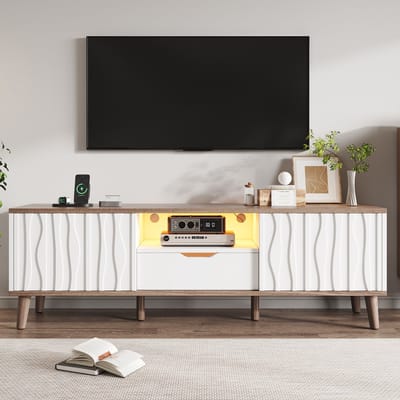 MODFU TV-Meubel - RGB-Verlichting En Schuifdeuren - Modern - Voor Woonkamer - MDF En Spaanplaat - Wit En Donker Walnoot - 160 x 40 x 52 cm