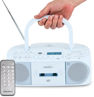 MEDION DRX-1 Plus Boombox (draagbare DAB+ & FM-radio, Bluetooth, cd-speler, MP3, cassette, hoofdtelefoonaansluiting, stereo, AUX, netstroom & batterijen) blauw