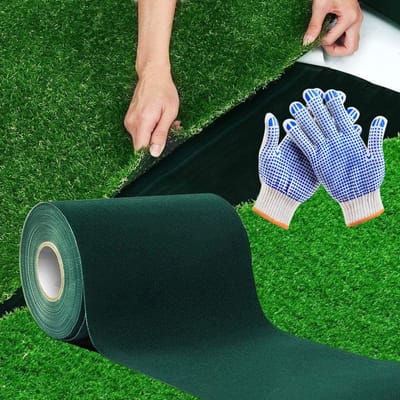 Zelfklevende Kunstgras Tape 15 cm x 10 m - Naadband voor Synthetisch Gazon - Groen Grastapijt - Dubbelzijdige Bevestiging - Kunstgras Verbinding - Inclusief 1 Paar Handschoenen