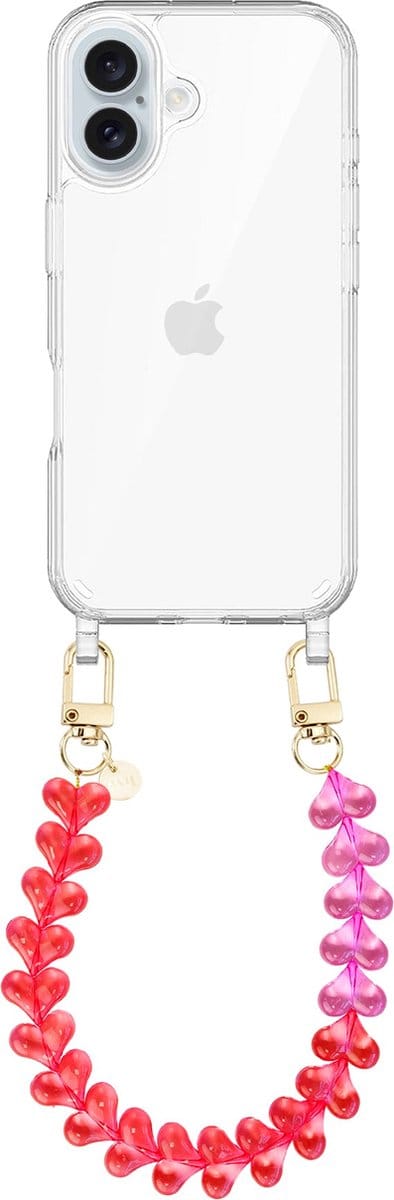 xoxo Wildhearts siliconen hoesje geschikt voor iPhone 16 Plus hoesje - Funky Hearts - Telefoonhoesje - Hoesje met koord - Transparant Roze met Rood koord - kort telefoonkoord - Hartjes ketting - Transparant hoesje