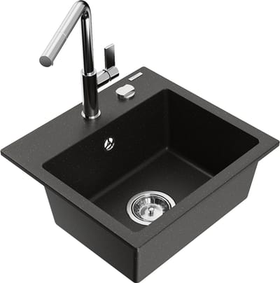Mexen Milo granieten gootsteen 1-komor met keukenmengkraan Flora, zwart/gouden metallic - 6505-75-670401-00