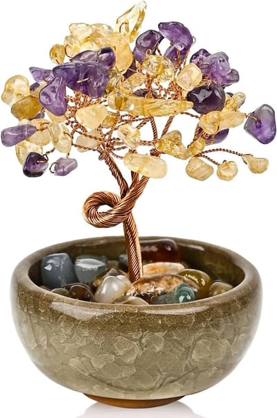 Handgemaakte Kwarts Kristallen Boom – Unieke Decoratie voor Thuis en Kantoor, Chakra Themed Geluksgeschenk voor Vrouwen Verjaardag (Geel & Paars - In Doos)
