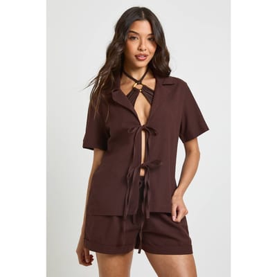 boohoo Dames Linnen Strik-voor Strandco-ord | Chocoladebruin | Maat: 44