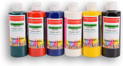 Discountershop Plakkaatverf Set voor Kinderen - Basiskleuren - 250ml x 6 stuks - Veilig en Milieuvriendelijk - Hobby- en Knutselspullen voor Creatieve Avonturen