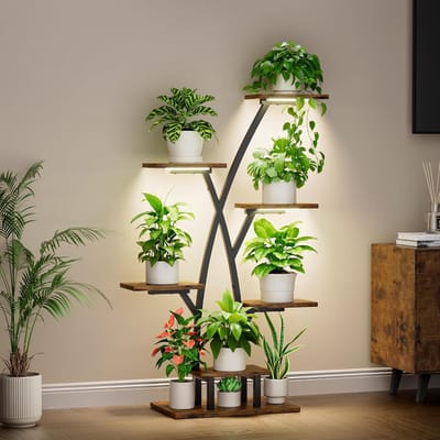 Kamerplantenstandaard met kweeklampen, 7 gelaagde plantenplank voor binnen, 105 cm plantenstandaard voor planten, meervoudig, metalen plantenhouder voor planten, plantenrek voor thuis, terras
