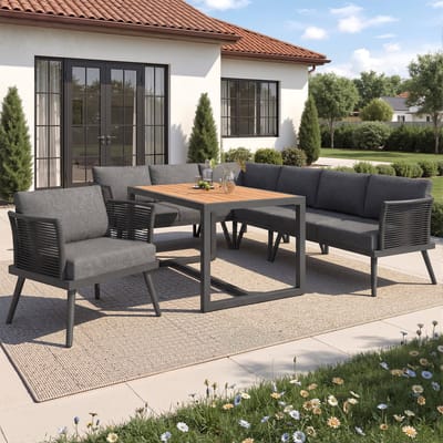 Zevenpersoons L-vormige tuinsalonset - hoeksalon - met salontafel en fauteuil - inclusief kussens en kussentjes - grijs