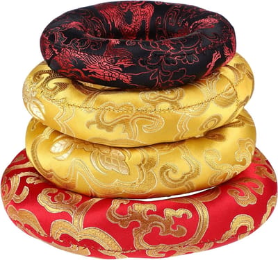 Tibetaanse klankschaal kussens set van 4, 10/12/14/16 cm, katoenen pads met traditionele patronen en diverse kleuren voor meditatie en ontspanning