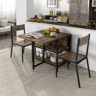 Wishdor Eettafel 140x80x75 cm van metaal en melamine, opvouwbaar met twee bladen, wielen en twee planken