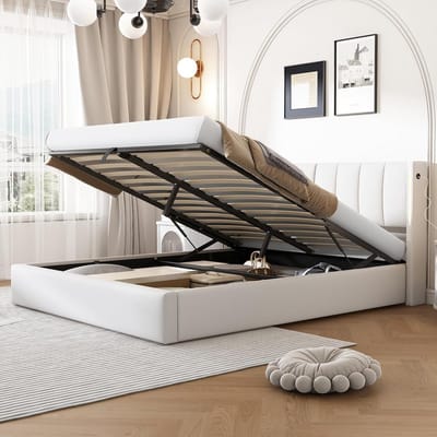 Gestoffeerd tweepersoonsbed 160x200 cm met opbergruimte en LED-verlichting