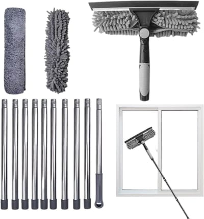 Glaswisser Set - Raamreiniger Tool - Ramen Schoonmaken - Verstelbaar Bereik - 10 Stangen - Zilver