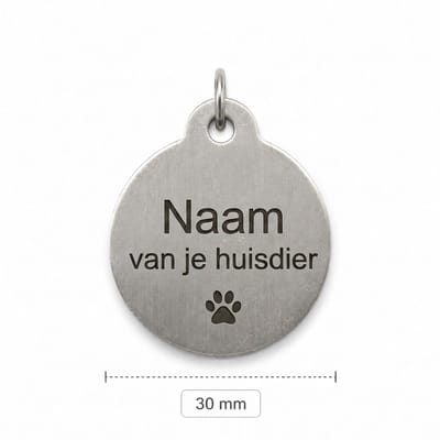Gepersonaliseerde Aluminium Dierenpenning / Naamplaatje voor Huisdier – Hondenpenning en Kattenpenning met Naam, Telefoonnummer en Adres – Ronde Penning 30 mm met Dubbelzijdige Gravure – Zilverkleurig met Pootje