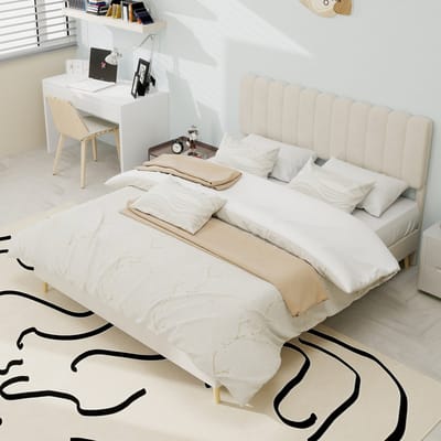 Tweepersoonsbedden - 140x200CM - Modern Minimalistisch Zacht Bed Lage Box - Comfortabel Hoofdbord - Beige (Geen Matras)