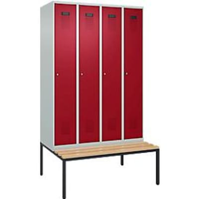 C+P Evolo Plus garderobekast, 4 vakken, 300 mm vakbreedte, met bank eronder, B 1200 x D 815 x H 2120 mm, cilinder, lichtgrijs/ruy rood