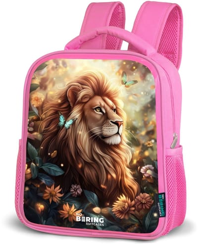 NoBoringSuitcases.com® - Rugzak roze - Schooltas meisjes - Leeuw met vlinders in bloemrijke jungle - Kinder rugtas meisje - Boekentas kind - Kinderrugzak voor school - Schoolrugzak