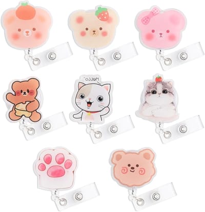 8PCS Schattige Cartoon Badge Reel Retractable ID Houder met Clip voor Medisch Personeel, Onderwijzers en Studenten - Leuke Dieren Ontwerpen voor Kantoor en Ziekenhuis