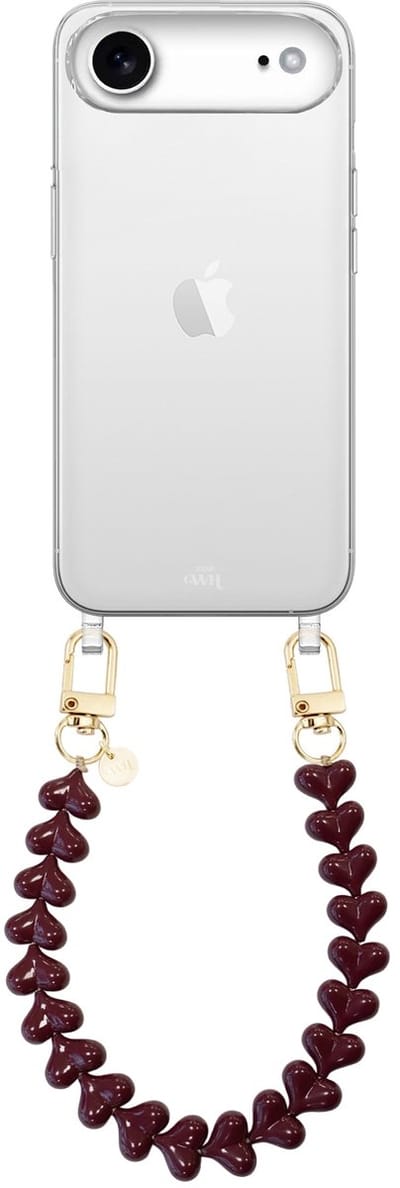 xoxo Wildhearts siliconen hoesje geschikt voor iPhone 17 Air hoesje - Funky Hearts (Burgundy) - Telefoonhoesje - Hoesje met koord - Donkerbruin / Bruin koord - kort telefoonkoord - Hartjes ketting - Transparant hoesje