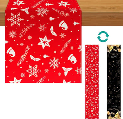 Christmas and New Year Double Sided Table Runner, 183x33cm Winter Holiday Kitchen Dining Table Decoration Festive Table Runner for Indoor Outdoor Home Party Decoration