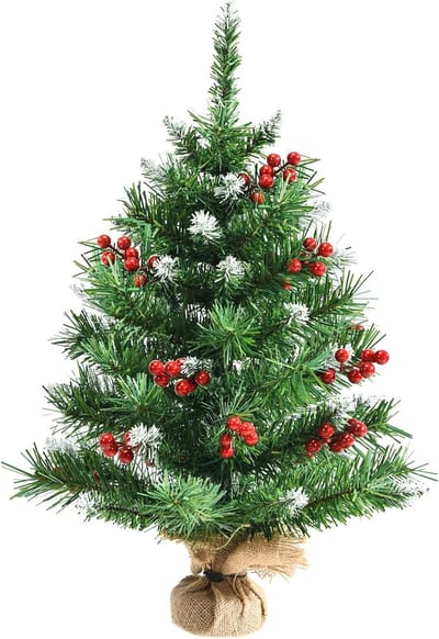 COSTWAY 60/90 cm Tafel kerstboom, levensechte kerstboom met 76/108 PVC takken, rode bessen clusters, 100% nieuw materiaal, jute bedekte cement standaard, besneeuwde mini kerst decor voor residentieel & commercieel gebruik (60 cm)