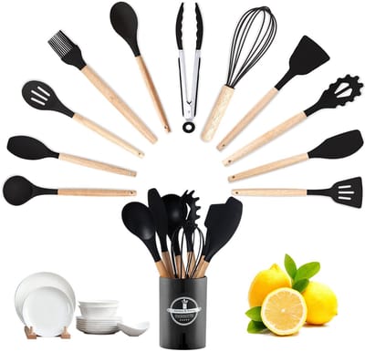OKWISH Keukengerei-Sets – 12-Delig Siliconen Keukengerei Met Houder, Kookgerei Set Voor Veelzijdig Gebruik – Spatels, Lepels, Tangen, Siliconen – Zwart