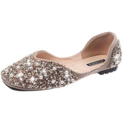 Chaussures d'été pour femmes, décoration de perles, couvre-bouche peu profonde, tête carrée, semelle plate, chaussures simples à la mode et confortables 35 gray