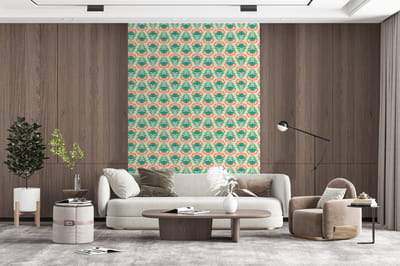 Behang - Fotobehang Retro - Bloemen - Design - Groen - Oranje - Breedte 200 cm x hoogte 300 cm