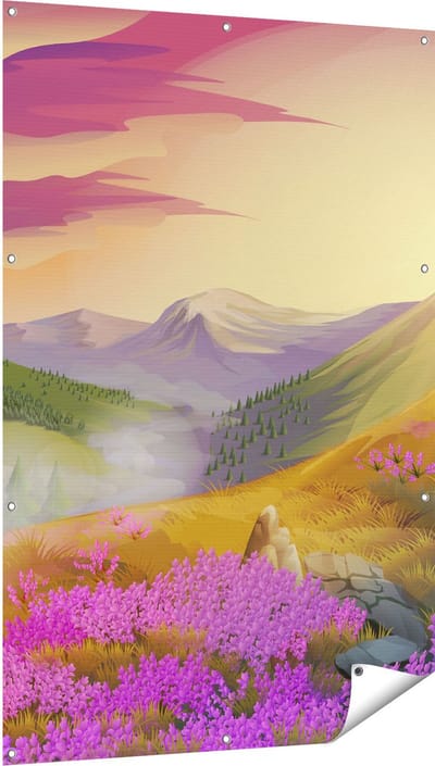 Gards Tuinposter Lavendel Bloemen in de Bergen - Abstract - 100x150 cm - Tuindoek - Tuindecoratie - Wanddecoratie buiten - Tuinschilderij
