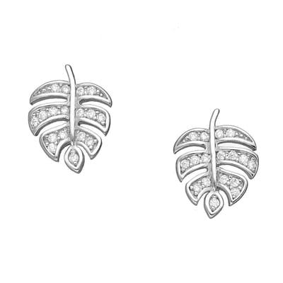 EAR IT UP - Oorbellen - Gatenplant - Monstera - Push back oorknopjes - Blad - Leaf - Gerhodineerd 925 sterling zilver - Zirkonia - Pavézetting - 11 x 8 mm - 1 paar