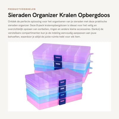 Dailygoods- Sieraden Organizer - 15 Compartimenten - Verstelbare Divider - Kunststof Opbergdoos - Lichtgewicht - Perfect voor Kralen en Oorbellen